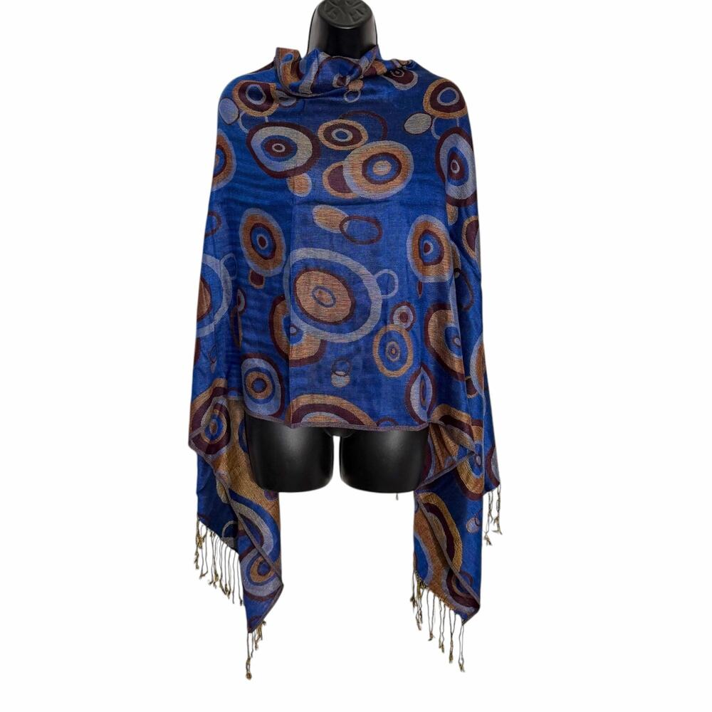 Y2K Boho Art To Wear Circles Pashmina Silk Blend Blue Shawl Scarf Fringe Wrap